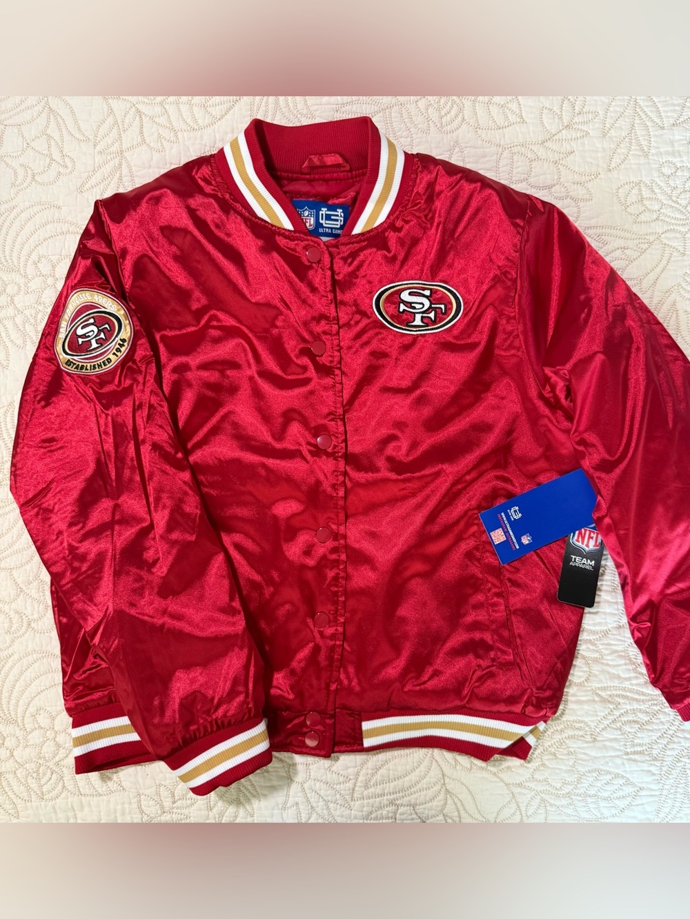 NFL Women’s San Francisco 49ers Red Satin Bomber Jacket